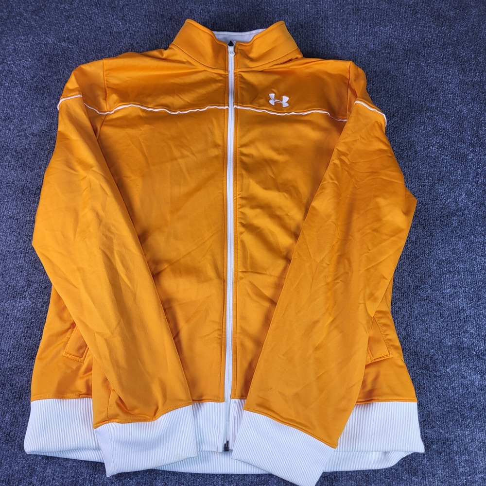 Under Armour Mens 2XL Orange White Full Zip Track Jacket Mock Neck Logo